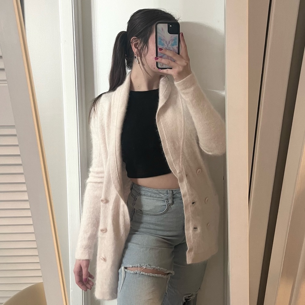 moda blush pink angora rabbit hair button front cardigan L